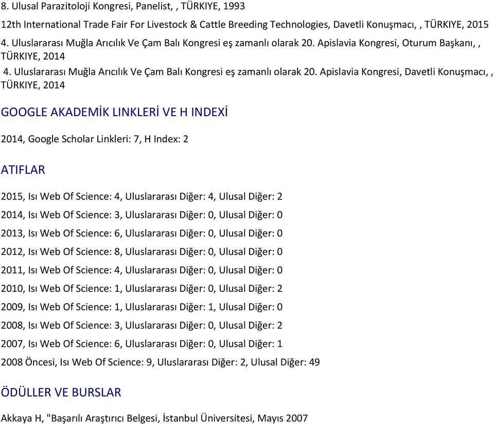 Apislavia Kongresi, Davetli Konuşmacı,, TÜRKIYE, 2014 GOOGLE AKADEMİK LINKLERİ VE H INDEXİ 2014, Google Scholar Linkleri: 7, H Index: 2 ATIFLAR 2015, Isı Web Of Science: 4, Uluslararası Diğer: 4,