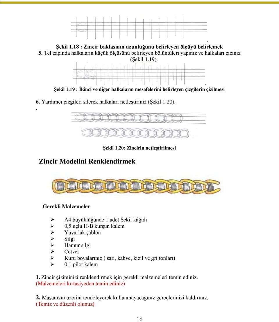 20: Zincirin netleģtirilmesi Gerekli Malzemeler A4 büyüklüğünde 1 adet ġekil kâğıdı 0,5 uçlu H-B kurģun kalem Yuvarlak Ģablon Silgi Hamur silgi Cetvel Kuru boyalarınız ( sarı, kahve, kızıl ve gri