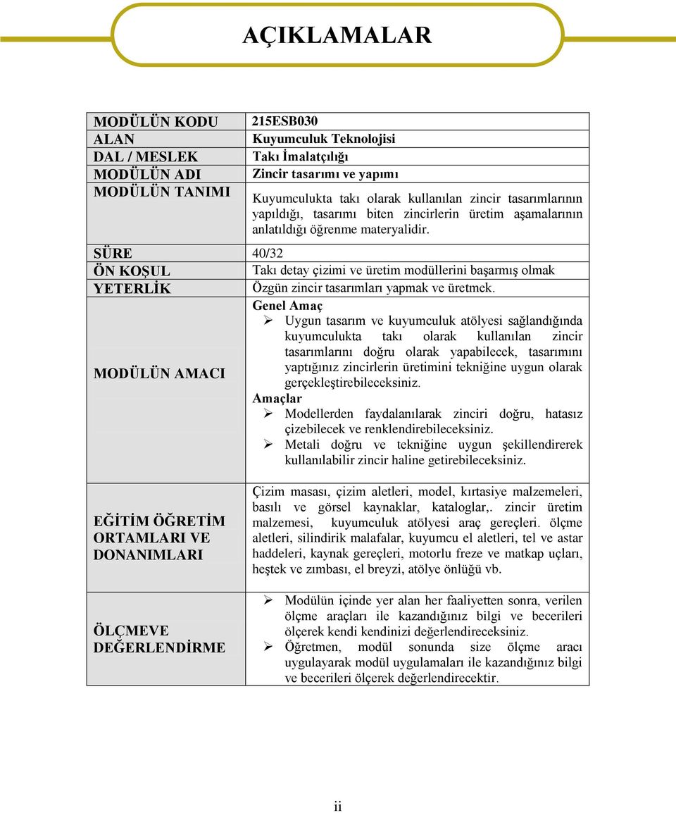 SÜRE 40/32 ÖN KOġUL Takı detay çizimi ve üretim modüllerini baģarmıģ olmak YETERLĠK Özgün zincir tasarımları yapmak ve üretmek.