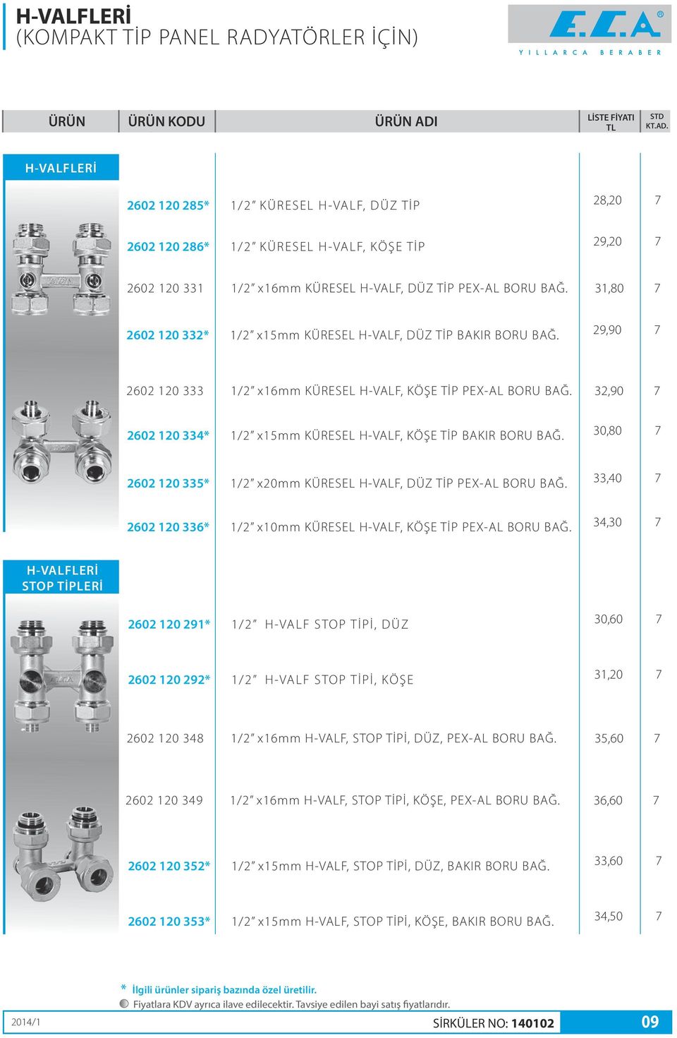 32,90 7 2602 120 334* 1/2 x15mm KÜRESEL H-VALF, KÖŞE TİP BAKIR BORU BAĞ. 30,80 7 2602 120 335* 1/2 x20mm KÜRESEL H-VALF, DÜZ TİP PEX-AL BORU BAĞ.