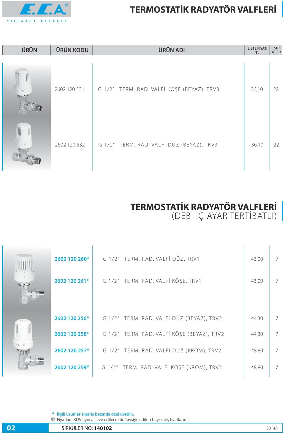 RAD. VALFİ KÖŞE (BEYAZ), TRV2 44,30 7 2602 120 257* G 1/2 TERM. RAD. VALFİ DÜZ (KROM), TRV2 48,80 7 2602 120 259* G 1/2 TERM. RAD. VALFİ KÖŞE (KROM), TRV2 48,80 7 * İlgili ürünler sipariş bazında özel üretilir.