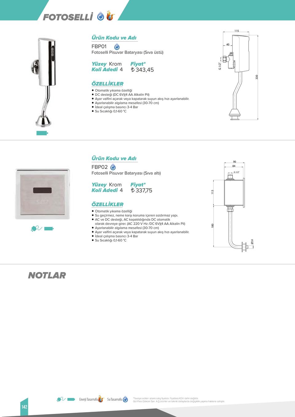 Ayarlanabilir algılama mesafesi (30-70 cm) İdeal çalışma basıncı 3-4 Bar Su Sıcaklığı 0,1-60 C 330 FBP02 Fotoselli Pisuvar Bataryası (Sıva altı) 90 84 G 1/2" 337,75 Otomatik yıkama özelliği Su