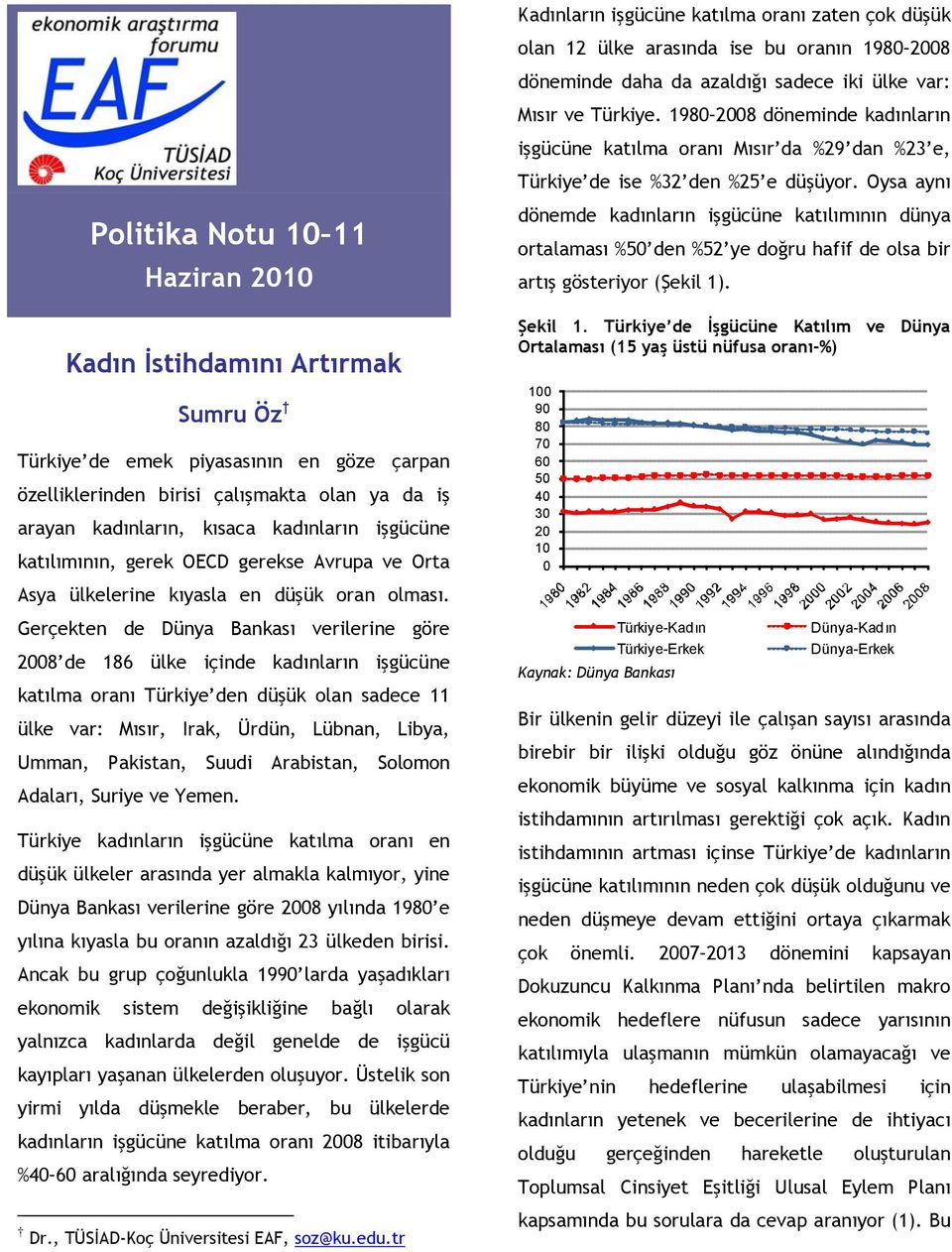 Oysa aynı Politika Notu 1 11 Haziran 21 Kadın İstihdamını Artırmak Sumru Öz Türkiye de emek piyasasının en göze çarpan özelliklerinden birisi çalışmakta olan ya da iş arayan kadınların, kısaca