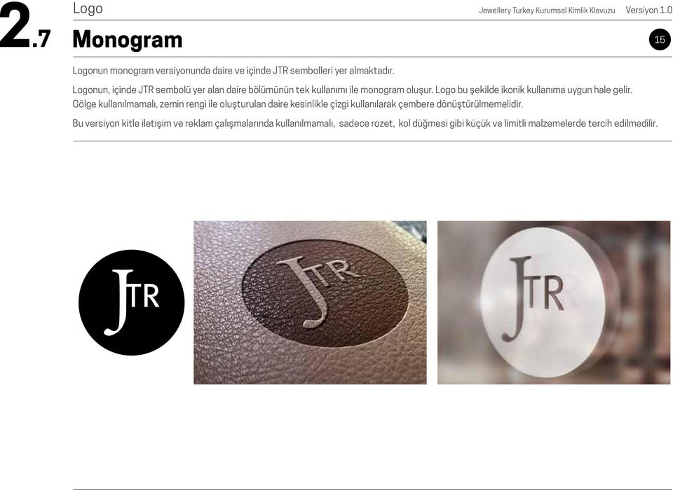 Logonun, içinde JTR sembolü er alan daire bölümünün tek kullanımı ile monogram oluşur. Logo bu şekilde ikonik kullanıma ugun hale gelir.