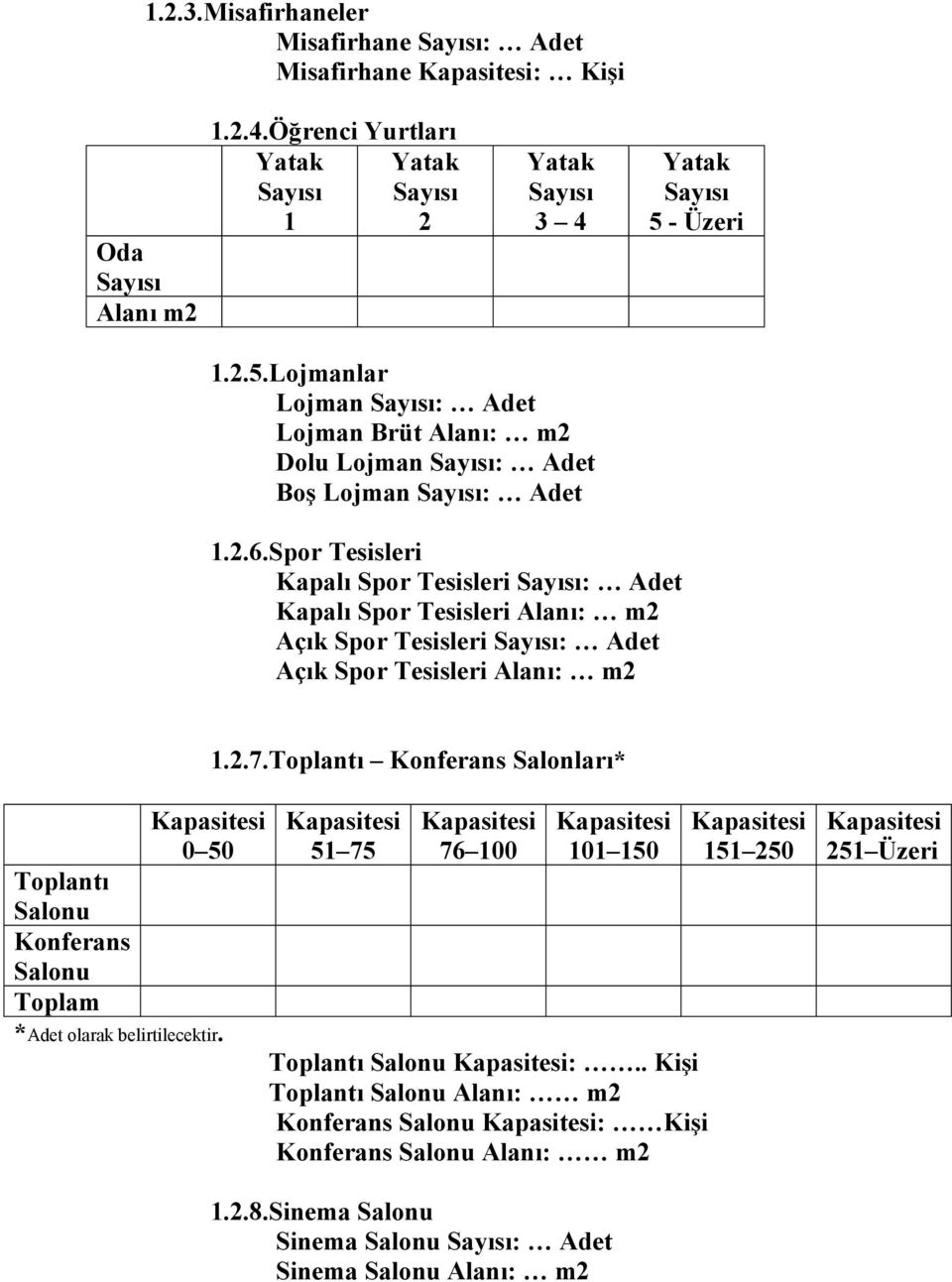 Spor Tesisleri Kapalı Spor Tesisleri Sayısı: Adet Kapalı Spor Tesisleri Alanı: m2 Açık Spor Tesisleri Sayısı: Adet Açık Spor Tesisleri Alanı: m2 1.2.7.