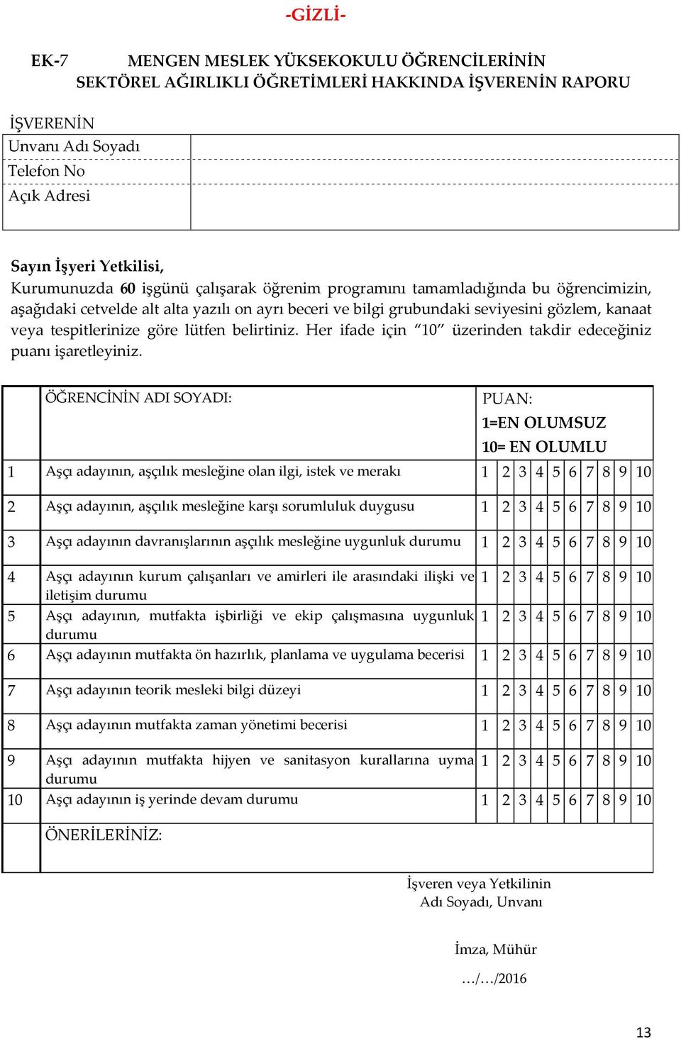 belirtiniz. Her ifade için 10 üzerinden takdir edeceğiniz puanı işaretleyiniz.