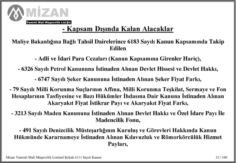 Sermaye ve Fon Hesaplarının Tasfiyesine ve Bazı Hükümler Ġhdasına Dair Kanuna Ġstinaden Alınan Akaryakıt Fiyat Ġstikrar Payı ve Akaryakıt Fiyat Farkı, - 3213 Sayılı Maden Kanununa Ġstinaden Alınan