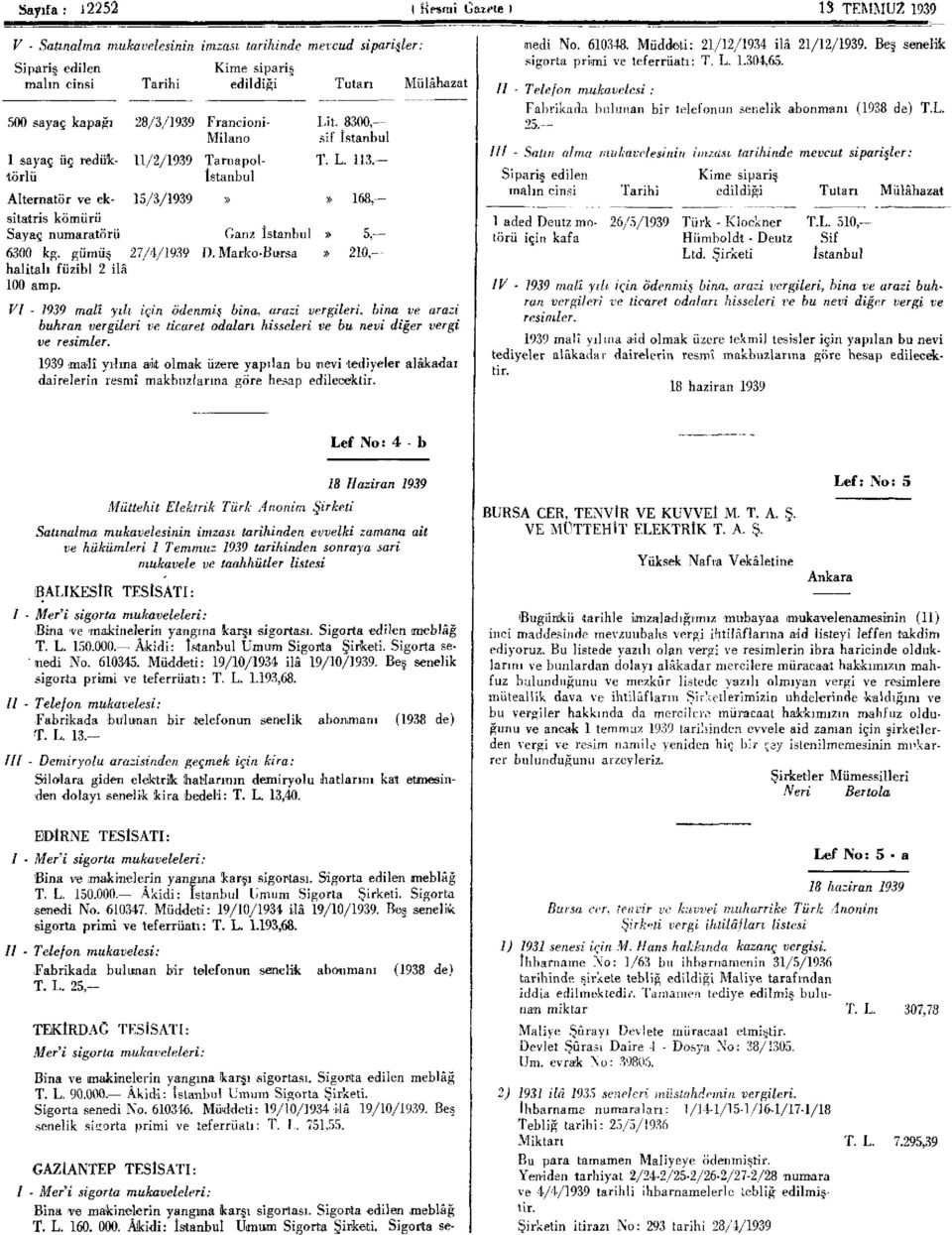 gümüş 27/4/1939 D. Marko-Bursa» 210, halitalı füzibl 2 ilâ 100 amp.