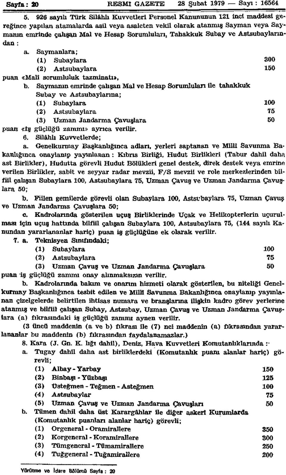 Tahakkuk Subay ve Astsubaylarından : a. Saymanlara; () Subaylara 300 () Astsubaylara 50 puan «Malî sorumluluk tazminatı, b.