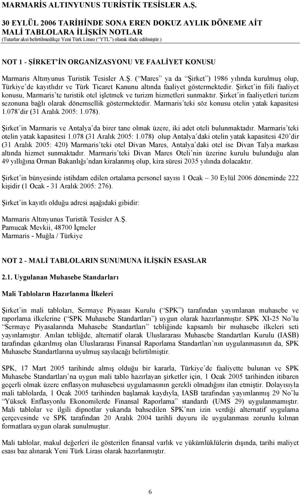 Marmaris teki söz konusu otelin yatak kapasitesi 1.078 dir (31 Aralık 2005: 1.078). Şirket in Marmaris ve Antalya da birer tane olmak üzere, iki adet oteli bulunmaktadır.