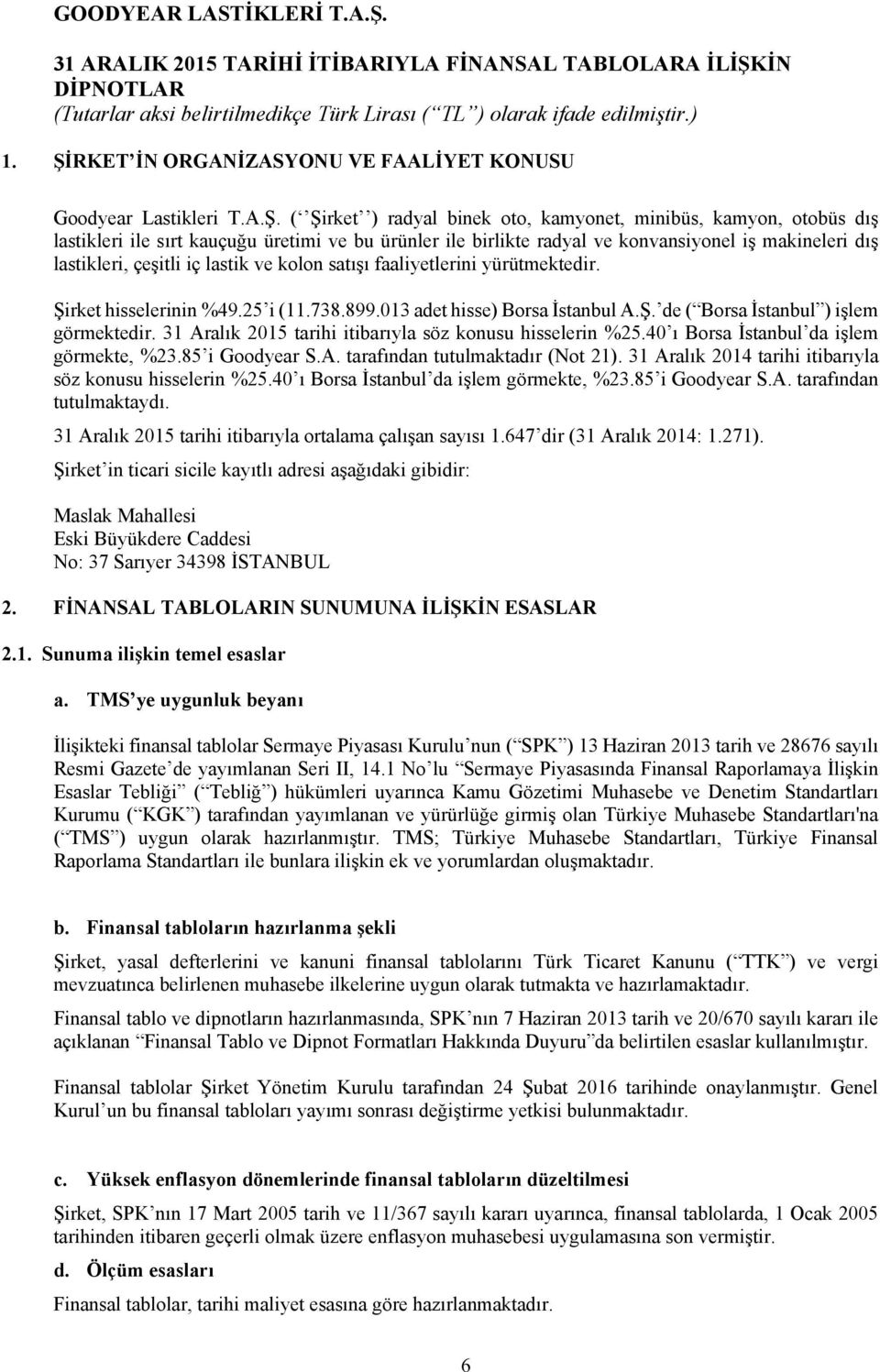 013 adet hisse) Borsa İstanbul A.Ş. de ( Borsa İstanbul ) işlem görmektedir. 31 Aralık 2015 tarihi itibarıyla söz konusu hisselerin %25.40 ı Borsa İstanbul da işlem görmekte, %23.85 i Goodyear S.A. tarafından tutulmaktadır (Not 21).