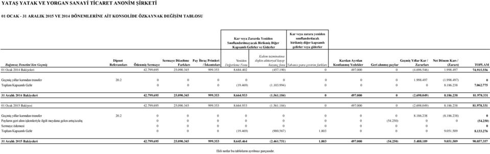 Pay İhraç Primleri Farkları / İskontoları Yeniden Değerleme Fonu Kıdem tazminatına ilişkin aktüeryal kayıp /kazanç fonu Yabancı para çevirim farkları Kardan Ayrılan Kısıtlanmış Yedekler Geçmiş Yıllar