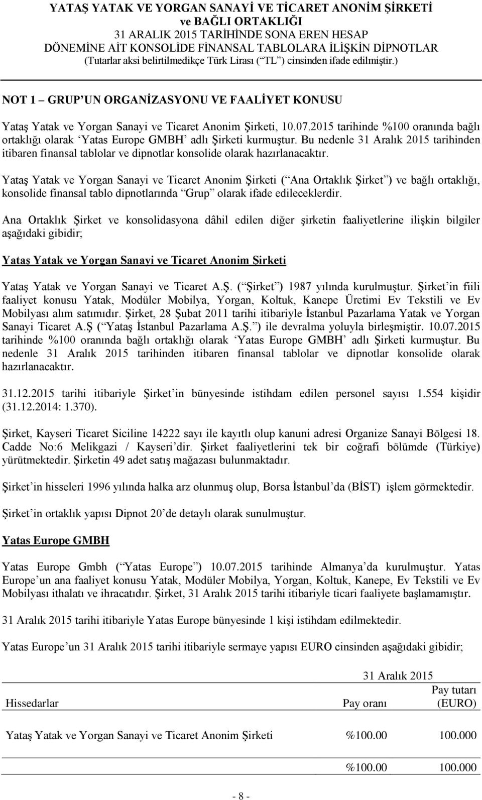 Bu nedenle 31 Aralık 2015 tarihinden itibaren finansal tablolar ve dipnotlar konsolide olarak hazırlanacaktır.