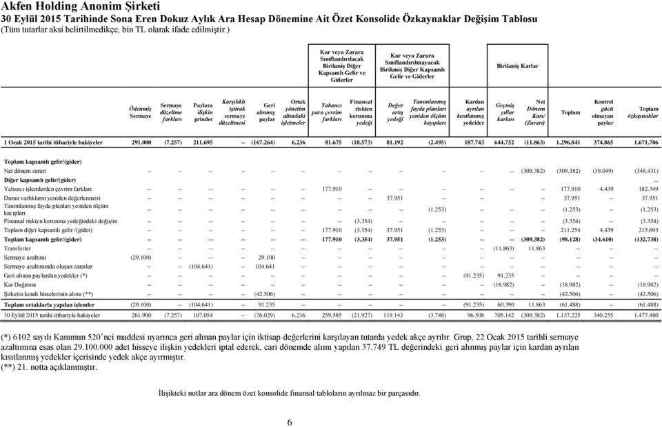 farkları Finansal riskten korunma yedeği Değer artış yedeği Tanımlanmış fayda planları yeniden ölçüm kayıpları Kardan ayrılan kısıtlanmış yedekler Geçmiş yıllar karları Net Dönem Karı/ (Zararı)