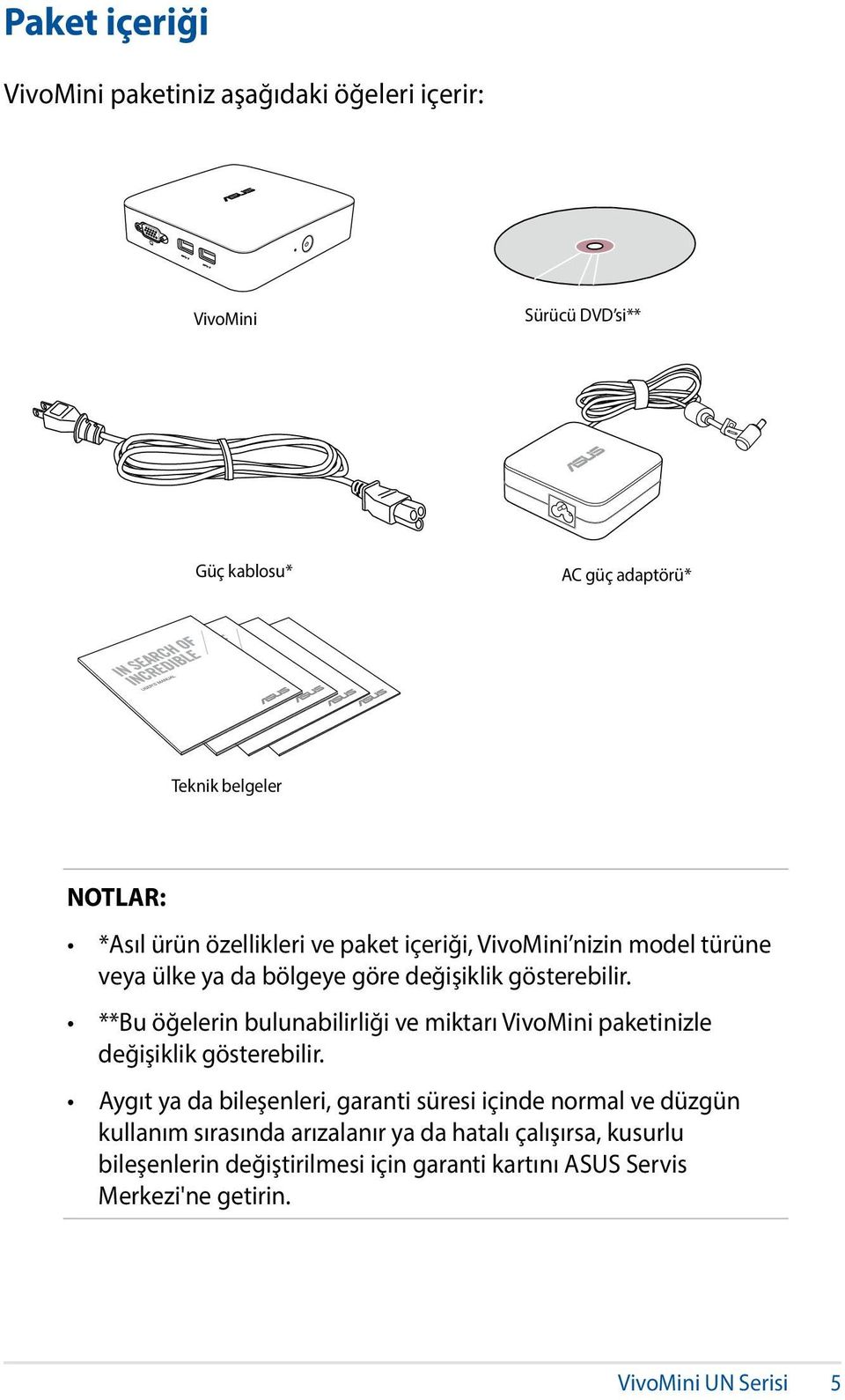 **Bu öğelerin bulunabilirliği ve miktarı VivoMini paketinizle değişiklik gösterebilir.