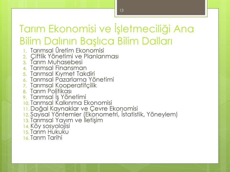 Tarımsal Pazarlama Yönetimi 7. Tarımsal Kooperatifçilik 8. Tarım Politikası 9. Tarımsal İş Yönetimi 10.