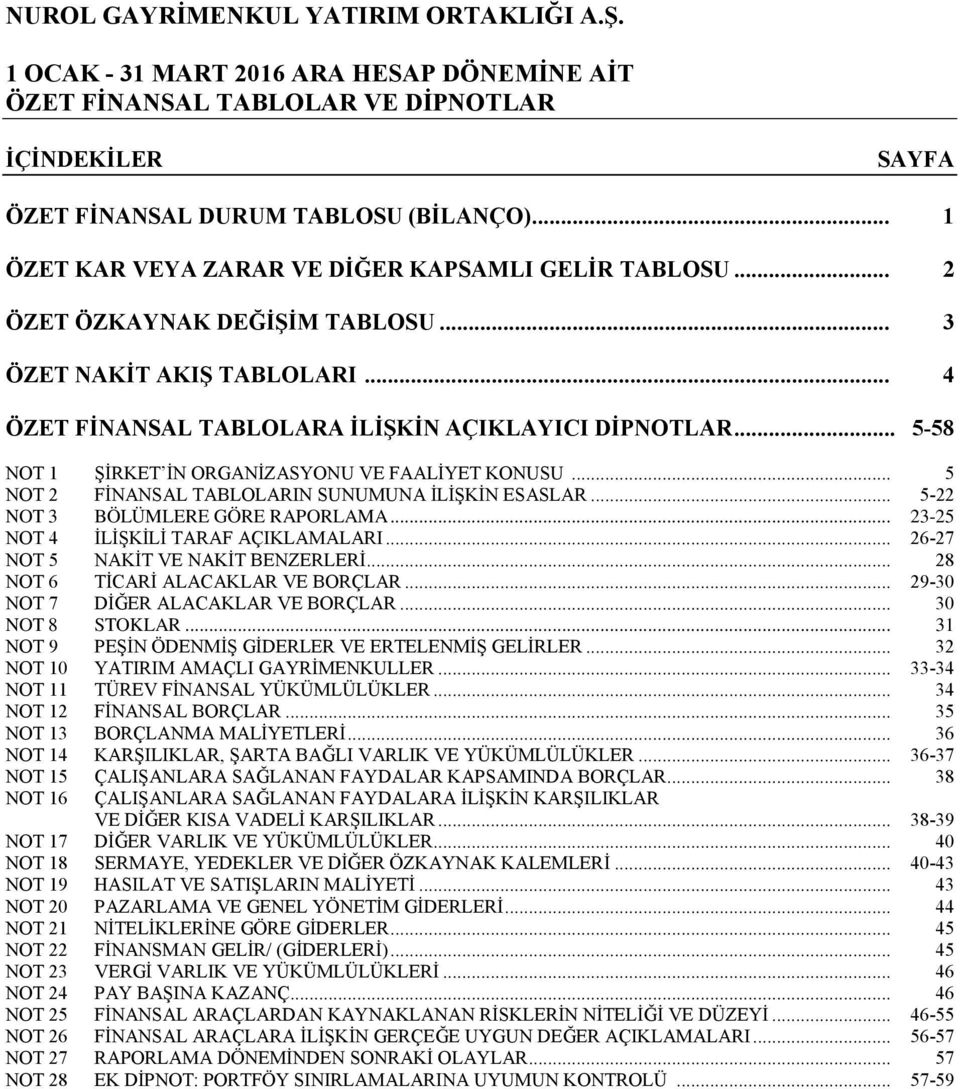 .. 5-22 NOT 3 BÖLÜMLERE GÖRE RAPORLAMA... 23-25 NOT 4 İLİŞKİLİ TARAF AÇIKLAMALARI... 26-27 NOT 5 NAKİT VE NAKİT BENZERLERİ... 28 NOT 6 TİCARİ ALACAKLAR VE BORÇLAR.