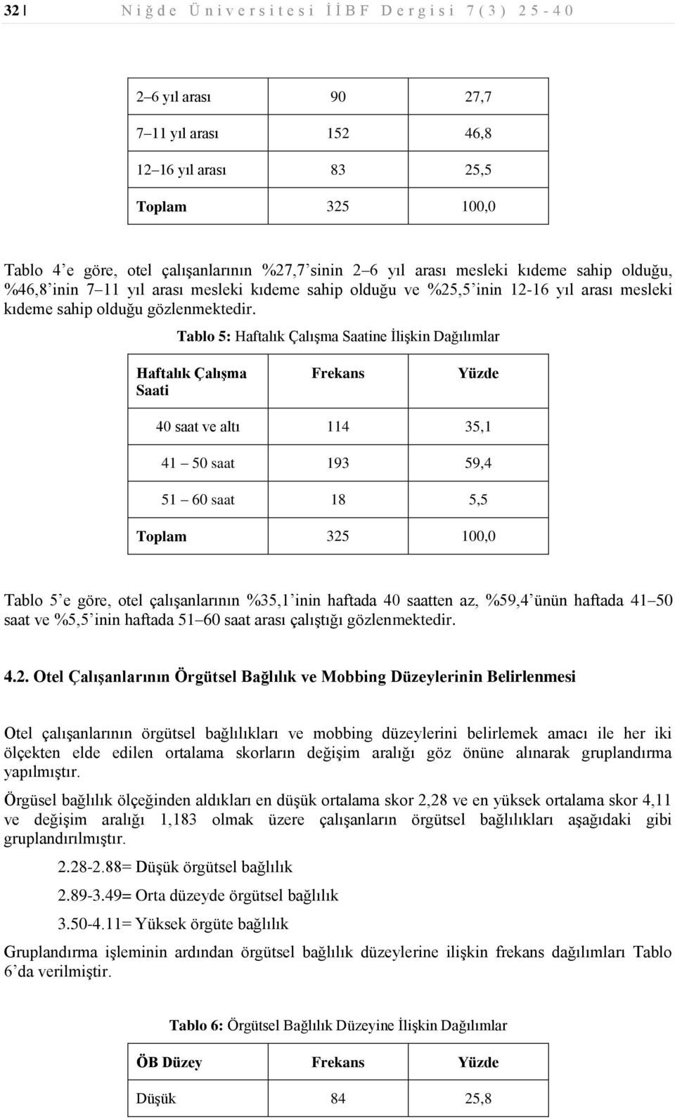 Tablo 5: Haftalık Çalışma Saatine İlişkin Dağılımlar Haftalık Çalışma Saati Frekans Yüzde 40 saat ve altı 114 35,1 41 50 saat 193 59,4 51 60 saat 18 5,5 Toplam 325 100,0 Tablo 5 e göre, otel