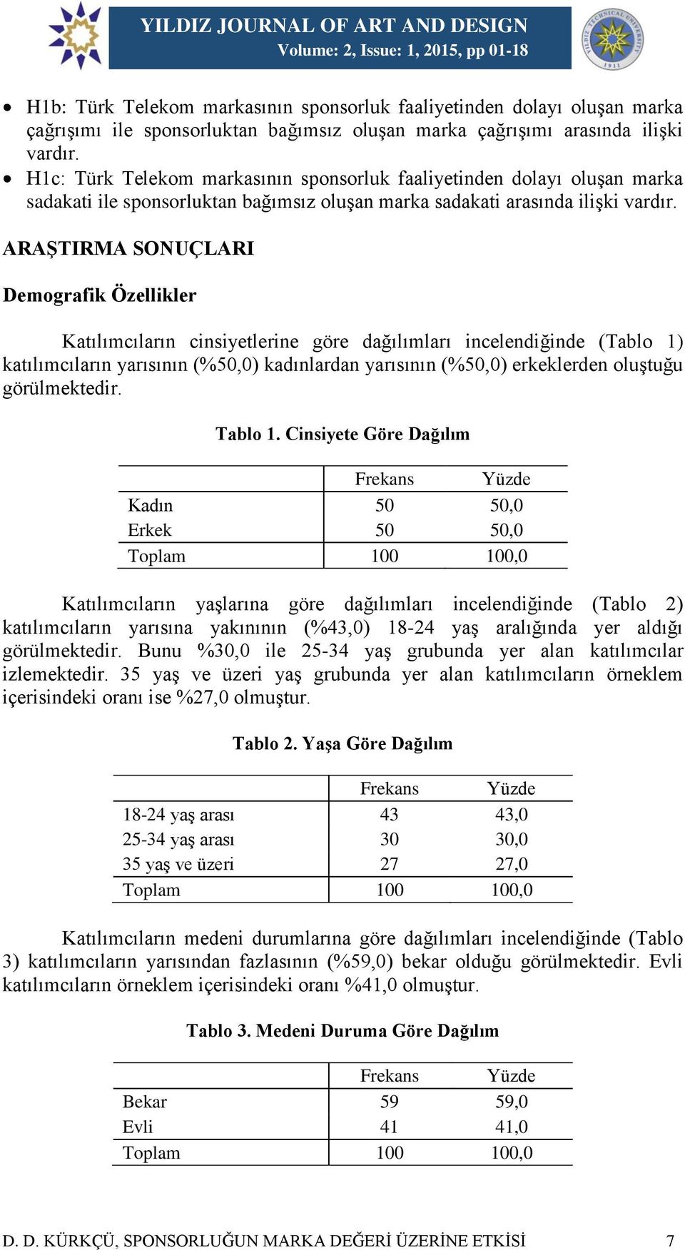 ARAŞTIRMA SONUÇLARI Demografik Özellikler Katılımcıların cinsiyetlerine göre dağılımları incelendiğinde (Tablo 1) katılımcıların yarısının (%50,0) kadınlardan yarısının (%50,0) erkeklerden oluştuğu