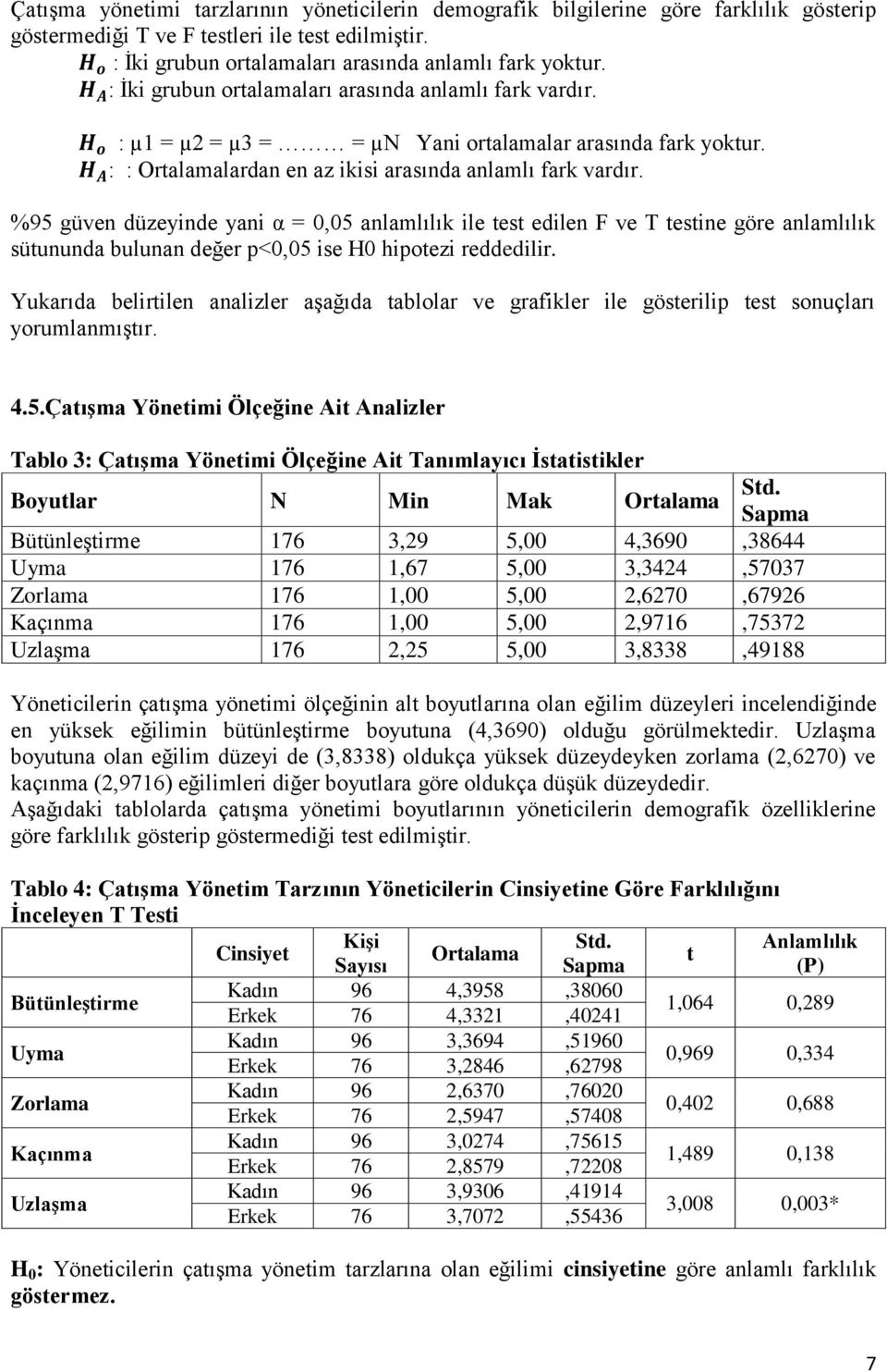 %95 güven düzeyinde yani α = 0,05 anlamlılık ile test edilen F ve T testine göre anlamlılık sütununda bulunan değer p<0,05 ise H0 hipotezi reddedilir.