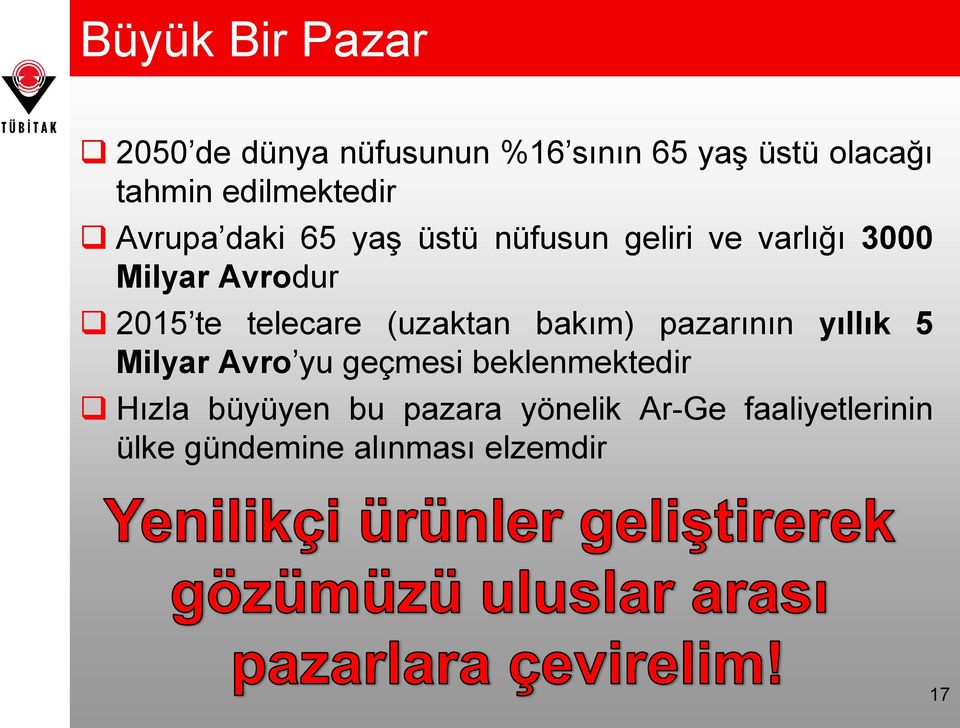 2015 te telecare (uzaktan bakım) pazarının yıllık 5 Milyar Avro yu geçmesi