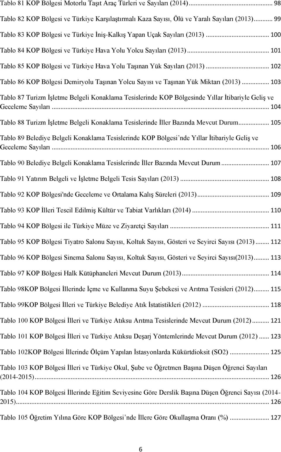 .. 101 Tablo 85 KOP Bölgesi ve Türkiye Hava Yolu Taşınan Yük Sayıları (2013)... 102 Tablo 86 KOP Bölgesi Demiryolu Taşınan Yolcu Sayısı ve Taşınan Yük Miktarı (2013).