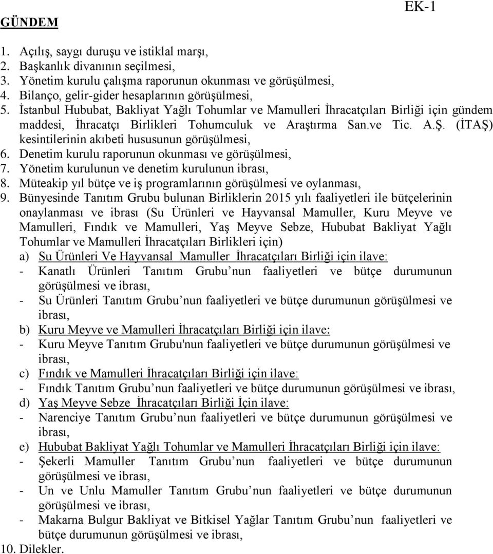 ve Tic. A.Ş. (İTAŞ) kesintilerinin akıbeti hususunun görüşülmesi, 6. Denetim kurulu raporunun okunması ve görüşülmesi, 7. Yönetim kurulunun ve denetim kurulunun ibrası, 8.