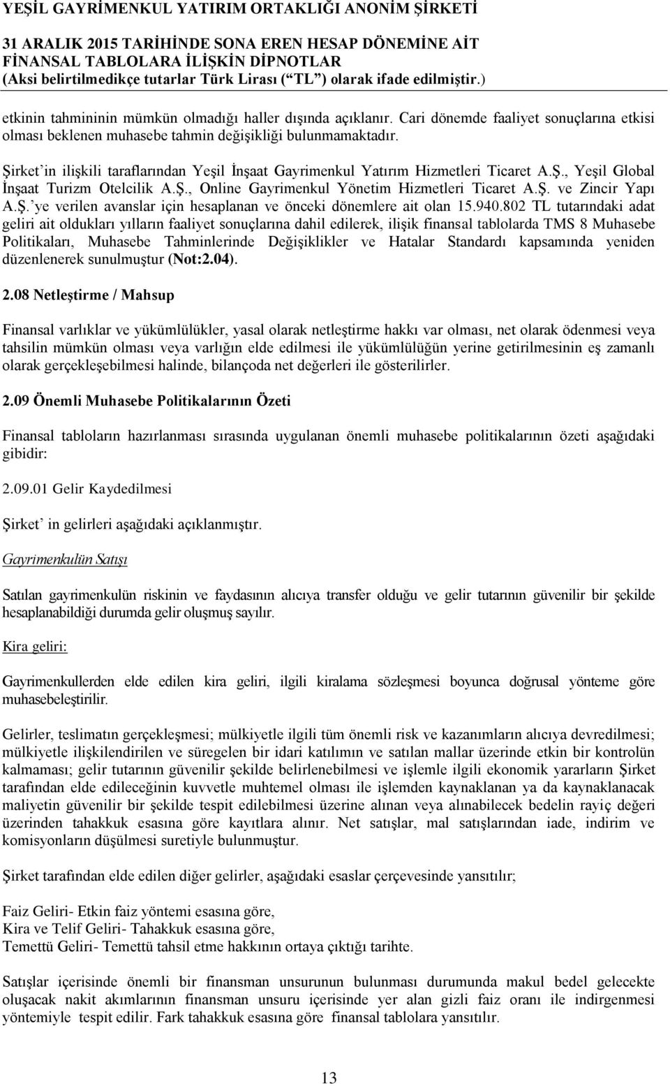 ġ. ye verilen avanslar için hesaplanan ve önceki dönemlere ait olan 15.940.