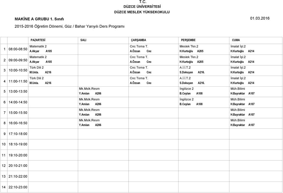 H.Kurtoğlu A0 0:00-0:0 Matematik A.Akyar A Meslek Tkn. H.Kurtoğlu A0 :00-:0 Türk Dili M.Usta. A A.İ.