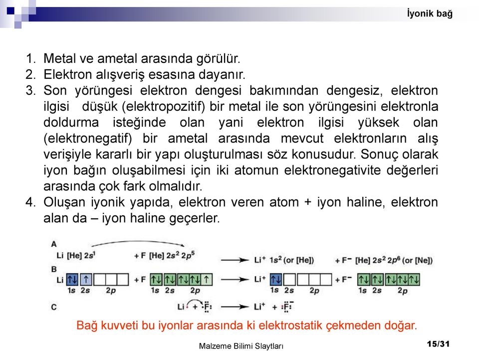 ilgisi yüksek olan (elektronegatif) bir ametal arasında mevcut elektronların alış verişiyle kararlı bir yapı oluşturulması söz konusudur.