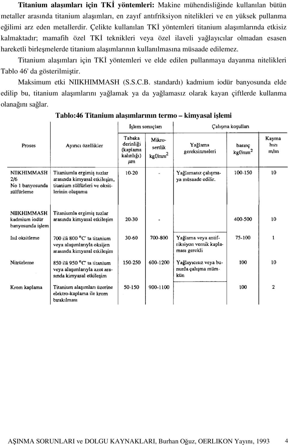 Çelikte kullanılan TKİ yöntemleri titanium alaşımlarında etkisiz kalmaktadır; mamafih özel TKİ teknikleri veya özel ilaveli yağlayıcılar olmadan esasen hareketli birleşmelerde titanium alaşımlarının