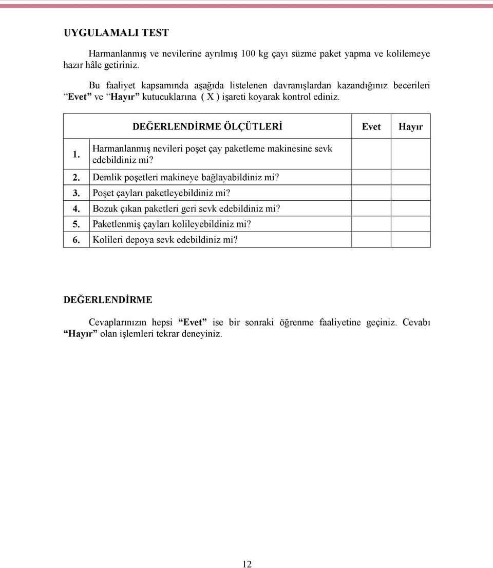 Harmanlanmış nevileri poşet çay paketleme makinesine sevk edebildiniz mi? 2. Demlik poşetleri makineye bağlayabildiniz mi? 3. Poşet çayları paketleyebildiniz mi? 4.