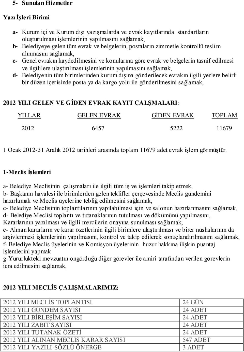 yapılmasını sağlamak, d- Belediyenin tüm birimlerinden kurum dıģına gönderilecek evrakın ilgili yerlere belirli bir düzen içerisinde posta ya da kargo yolu ile gönderilmesini sağlamak, 2012 YILI