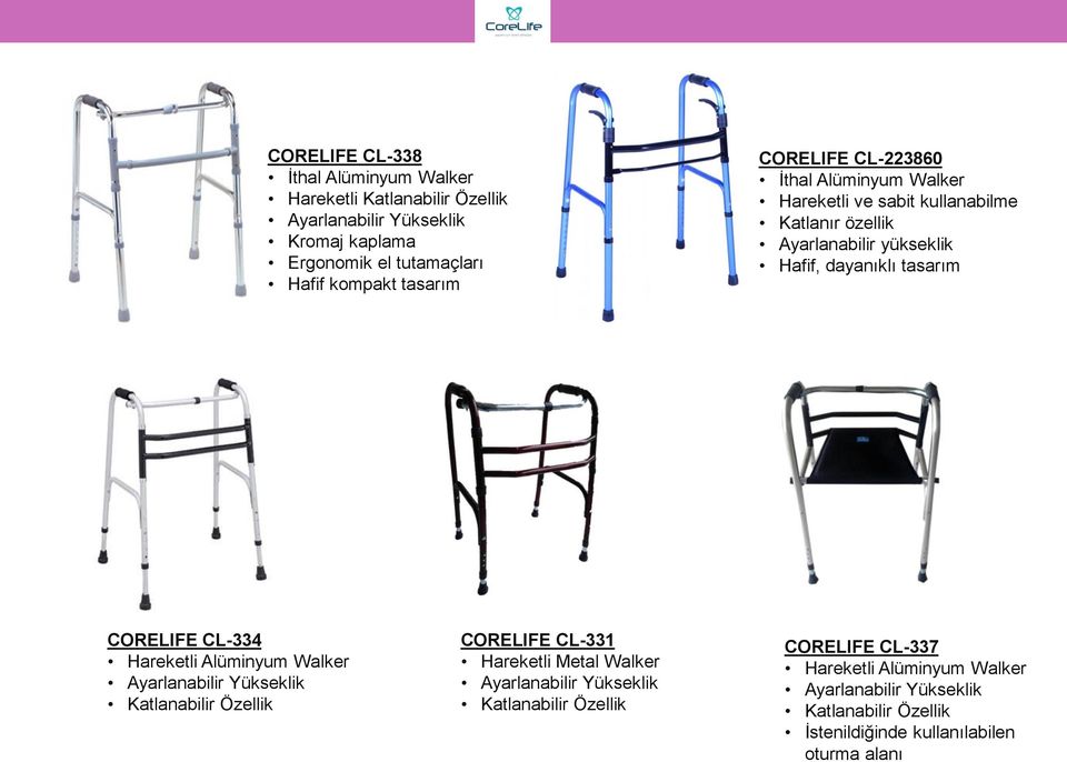 CORELIFE CL-334 Hareketli Alüminyum Walker Ayarlanabilir Yükseklik Katlanabilir Özellik CORELIFE CL-331 Hareketli Metal Walker Ayarlanabilir