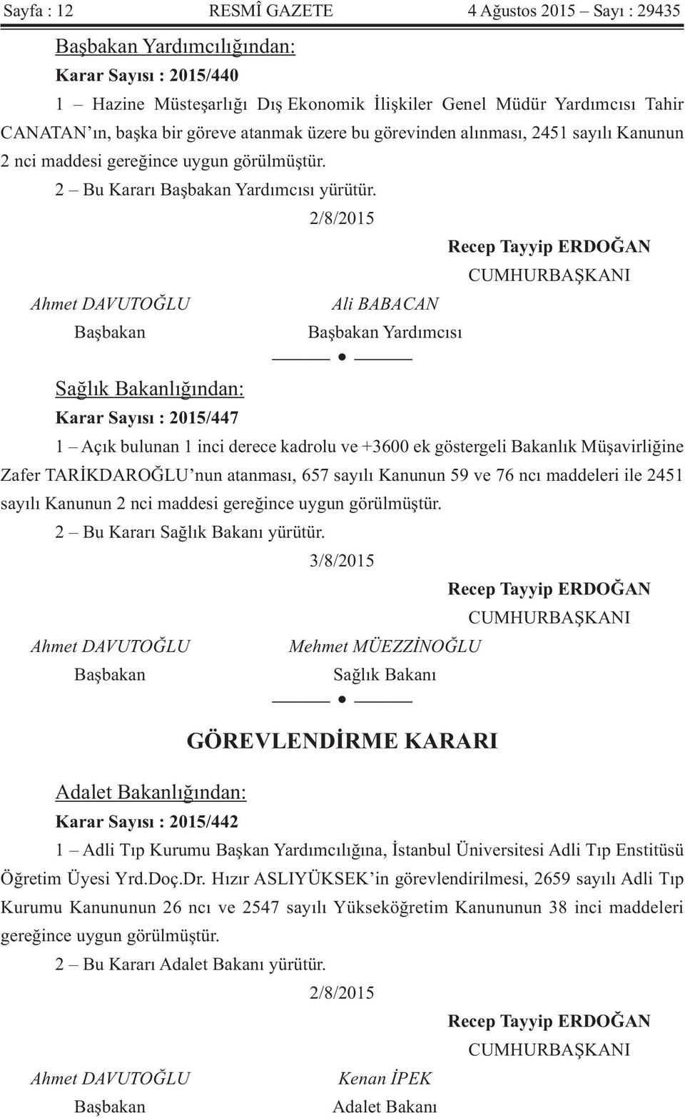 2/8/2015 Recep Tayyip ERDOĞAN CUMHURBAŞKANI Ahmet DAVUTOĞLU Ali BABACAN Başbakan Başbakan Yardımcısı Sağlık Bakanlığından: Karar Sayısı : 2015/447 1 Açık bulunan 1 inci derece kadrolu ve +3600 ek