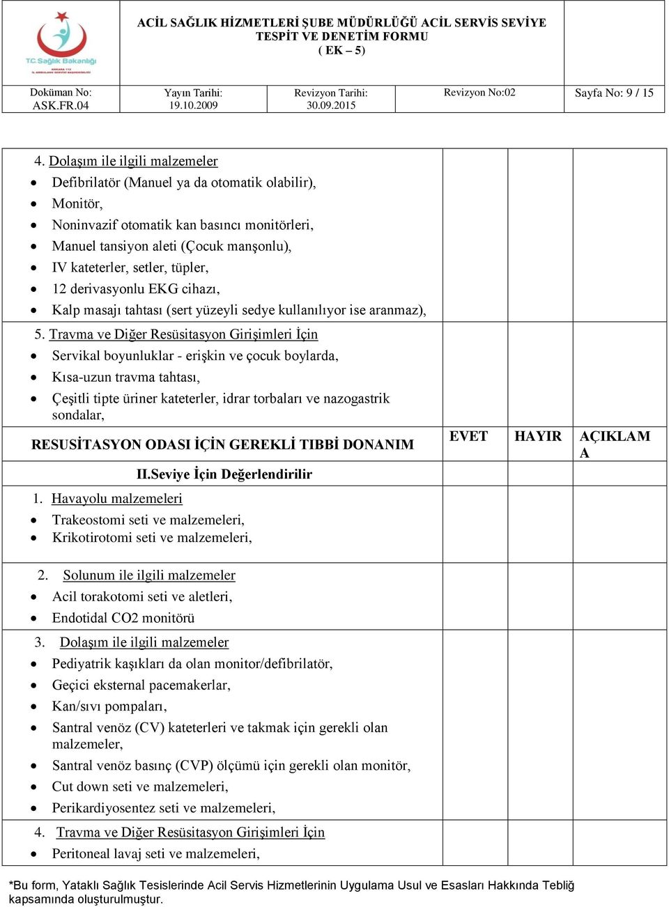 tüpler, 12 derivasyonlu EKG cihazı, Kalp masajı tahtası (sert yüzeyli sedye kullanılıyor ise aranmaz), 5.