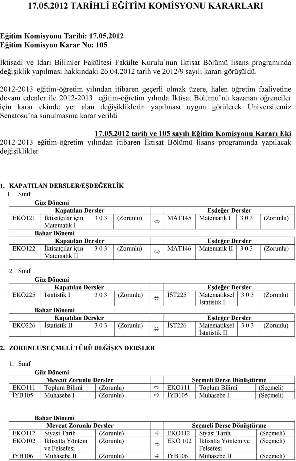 2012-2013 eğitim-öğretim yılından itibaren geçerli olmak üzere, halen öğretim faaliyetine devam edenler ile 2012-2013 eğitim-öğretim yılında İktisat Bölümü nü kazanan öğrenciler için karar ekinde yer