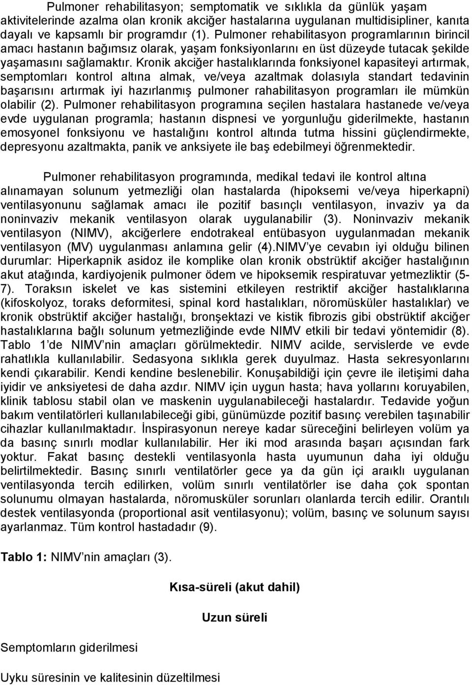 Kronik akciğer hastalıklarında fonksiyonel kapasiteyi artırmak, semptomları kontrol altına almak, ve/veya azaltmak dolasıyla standart tedavinin başarısını artırmak iyi hazırlanmış pulmoner