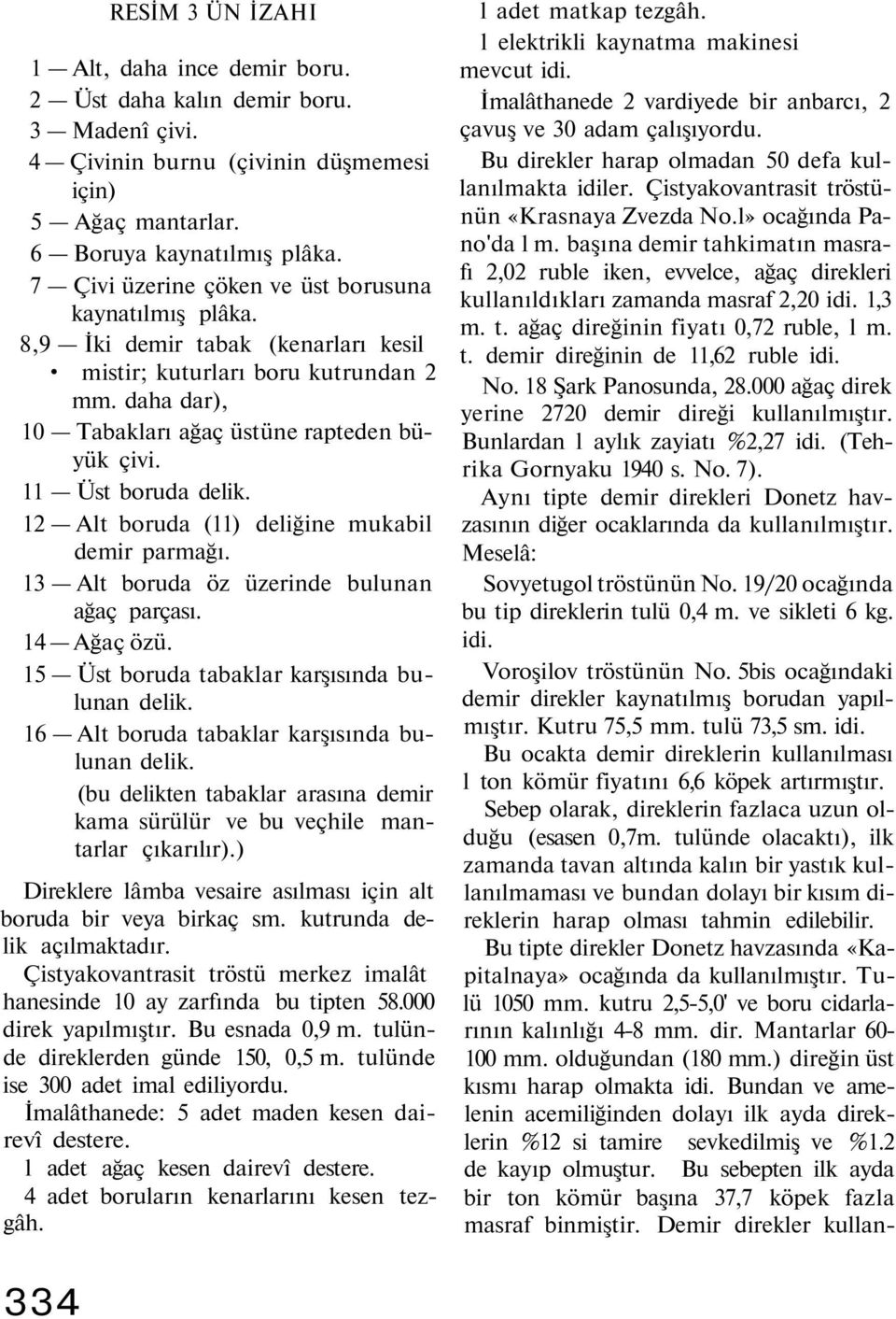 11 Üst boruda delik. 12 Alt boruda (11) deliğine mukabil demir parmağı. 13 Alt boruda öz üzerinde bulunan ağaç parçası. 14 Ağaç özü. 15 Üst boruda tabaklar karşısında bulunan delik.