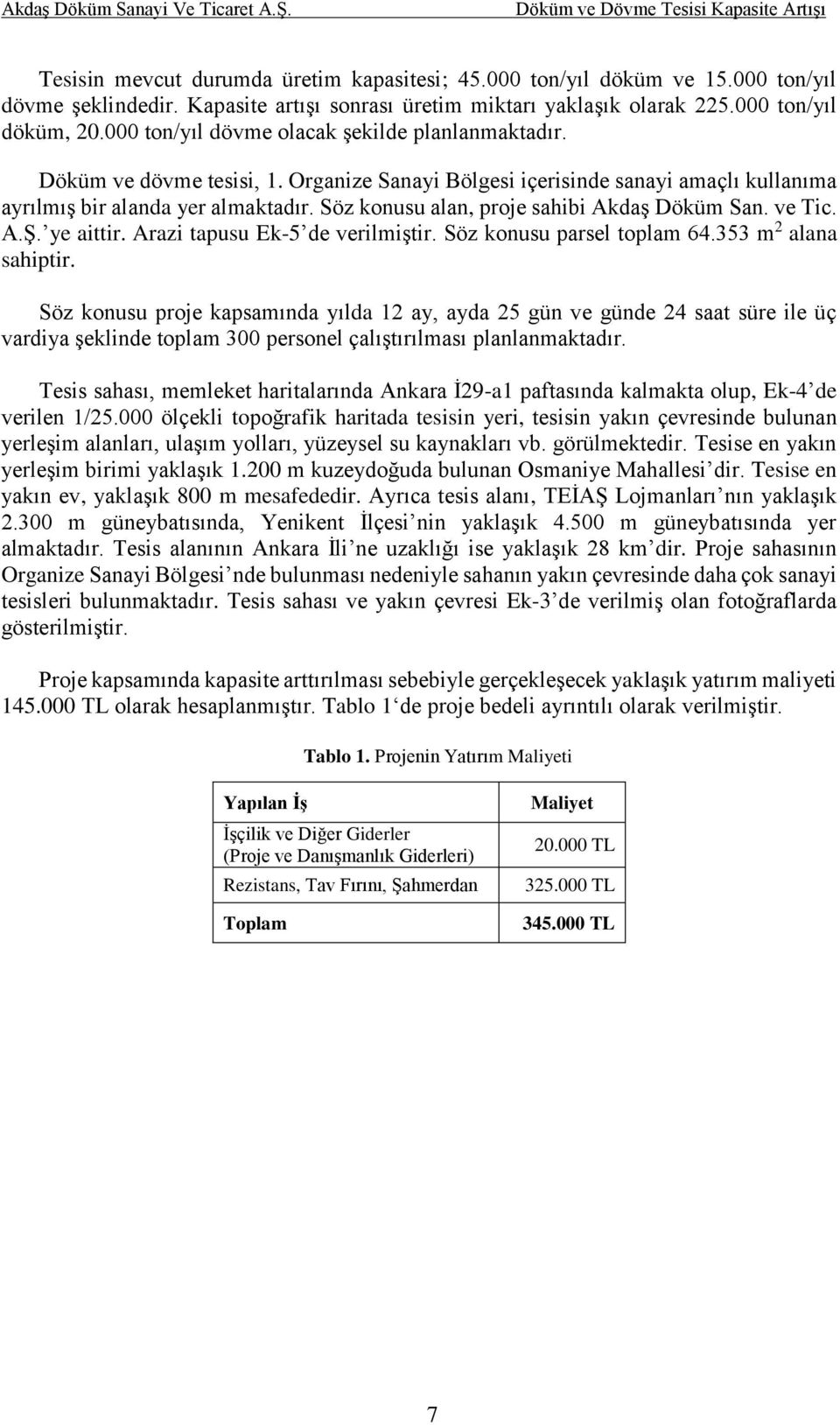 Organize Sanayi Bölgesi içerisinde sanayi amaçlı kullanıma ayrılmış bir alanda yer almaktadır. Söz konusu alan, proje sahibi Akdaş Döküm San. ve Tic. A.Ş. ye aittir. Arazi tapusu Ek-5 de verilmiştir.