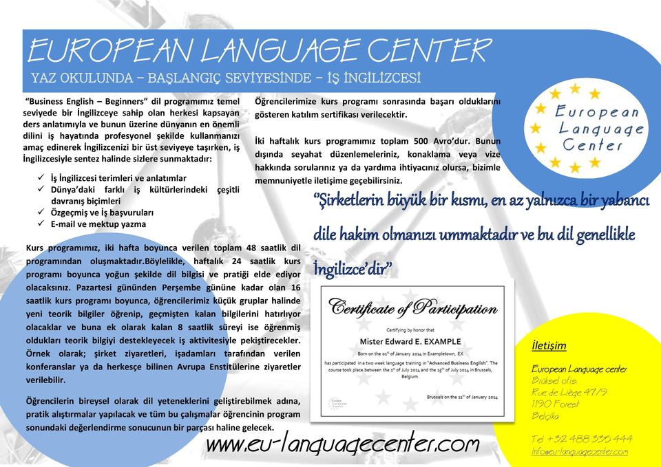 anlatımlar Dünya daki farklı iş kültürlerindeki davranış biçimleri Özgeçmiş ve İş başvuruları E-mail ve mektup yazma çeşitli Öğrencilerimize kurs programı sonrasında başarı olduklarını gösteren