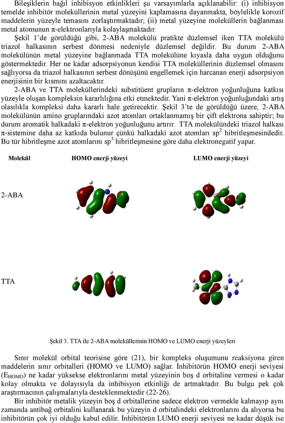 Şekil 1 de görüldüğü gibi, 2-ABA molekülü pratikte düzlemsel iken TTA molekülü triazol halkasının serbest dönmesi nedeniyle düzlemsel değildir.