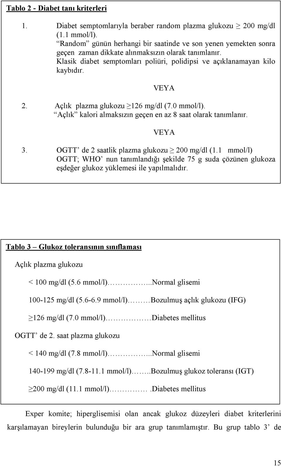 Açlık plazma glukozu 126 mg/dl (7.0 mmol/l). Açlık kalori almaksızın geçen en az 8 saat olarak tanımlanır. VEYA 3. OGTT de 2 saatlik plazma glukozu 200 mg/dl (1.