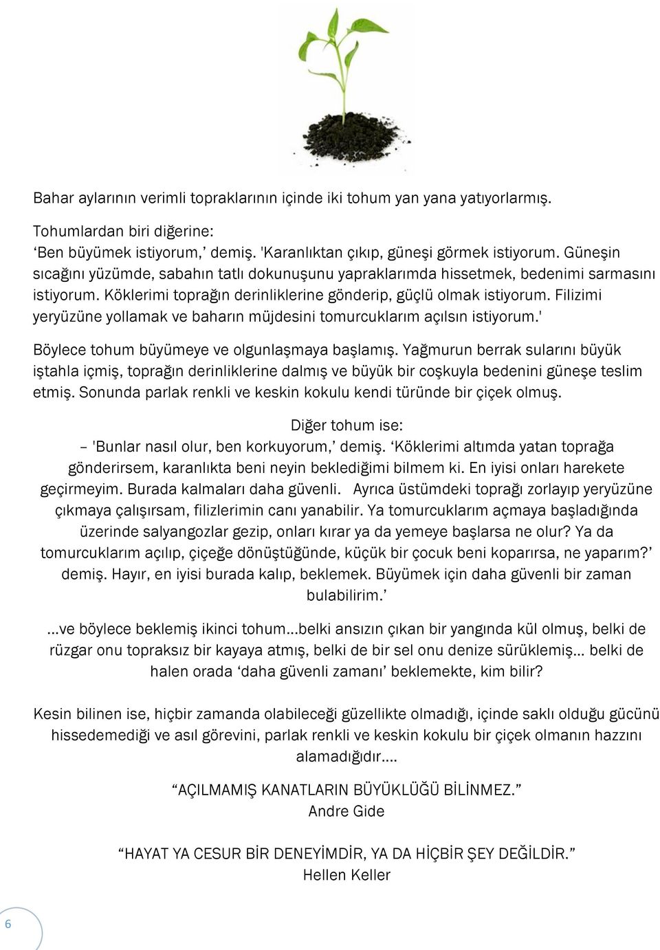 Filizimi yeryüzüne yollamak ve baharın müjdesini tomurcuklarım açılsın istiyorum.' Böylece tohum büyümeye ve olgunlaşmaya başlamış.