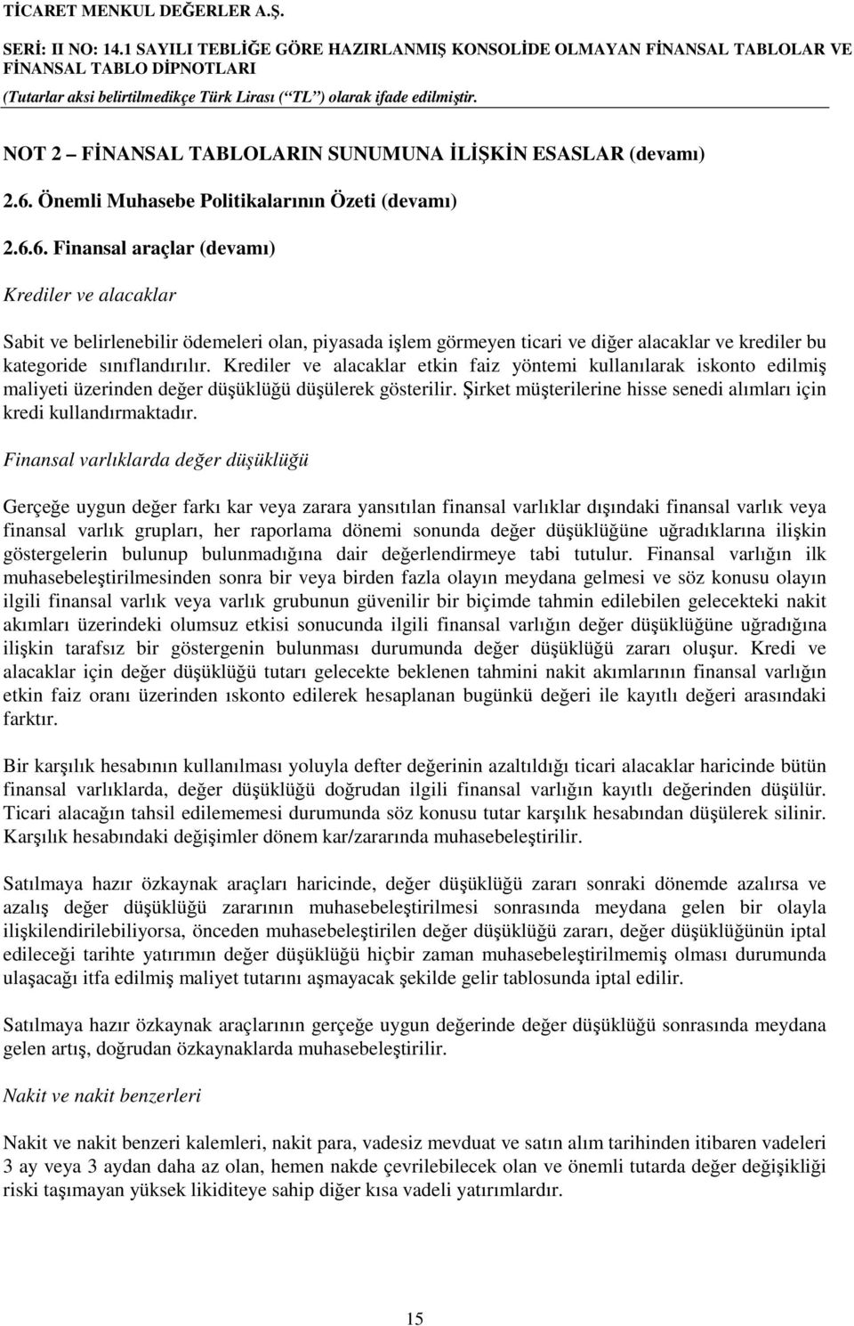 6. Finansal araçlar (devamı) Krediler ve alacaklar Sabit ve belirlenebilir ödemeleri olan, piyasada işlem görmeyen ticari ve diğer alacaklar ve krediler bu kategoride sınıflandırılır.