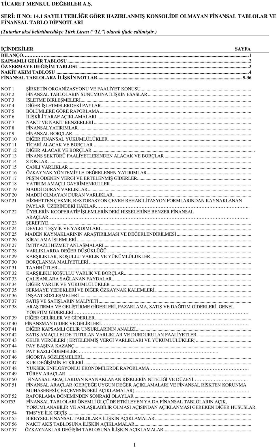 .. NOT 5 BÖLÜMLERE GÖRE RAPORLAMA... NOT 6 İLİŞKİLİ TARAF AÇIKLAMALARI... NOT 7 NAKİT VE NAKİT BENZERLERİ... NOT 8 FİNANSALYATIRIMLAR... NOT 9 FİNANSAL BORÇLAR... NOT 10 DİĞER FİNANSAL YÜKÜMLÜLÜKLER.