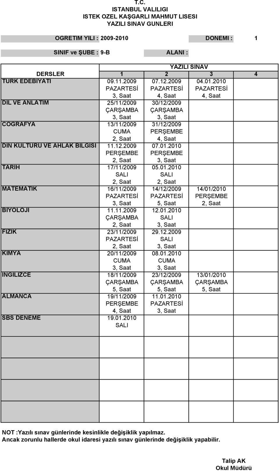 01.2010 ÇARŞAMBA FİZİK 23/11/2009 29.12.2009 PAZARTESİ KİMYA 20/11/2009 08.01.2010 İNGİLİZCE 18/11/2009 23/12/2009 13/01/2010 ÇARŞAMBA 5, Saat 5, Saat 5, Saat ALMANCA 19/11/2009 11.