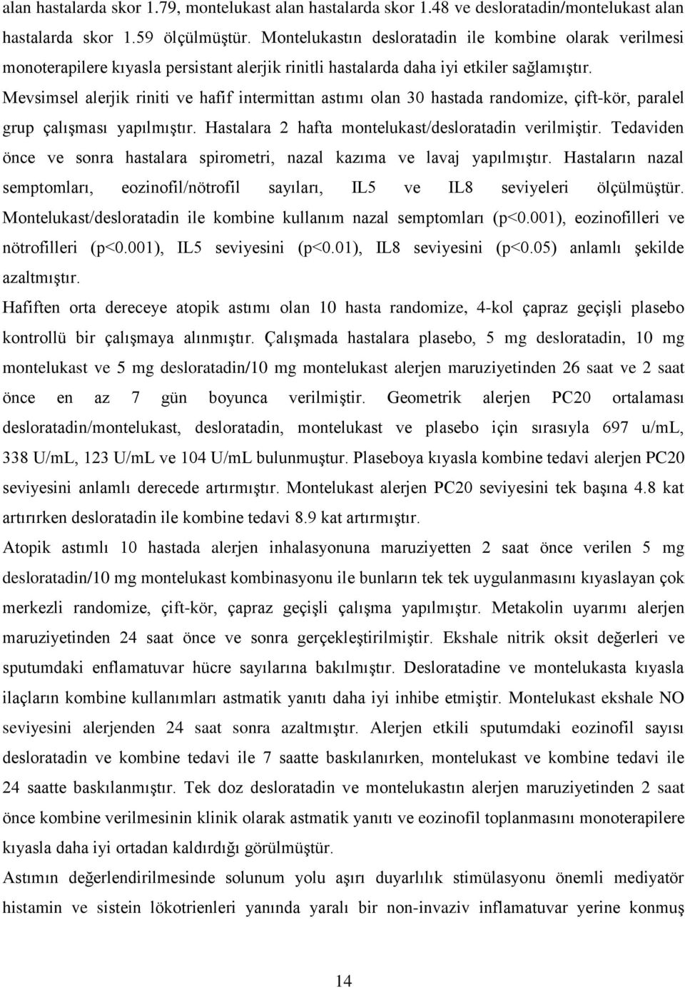 Mevsimsel alerjik riniti ve hafif intermittan astımı olan 30 hastada randomize, çift-kör, paralel grup çalışması yapılmıştır. Hastalara 2 hafta montelukast/desloratadin verilmiştir.