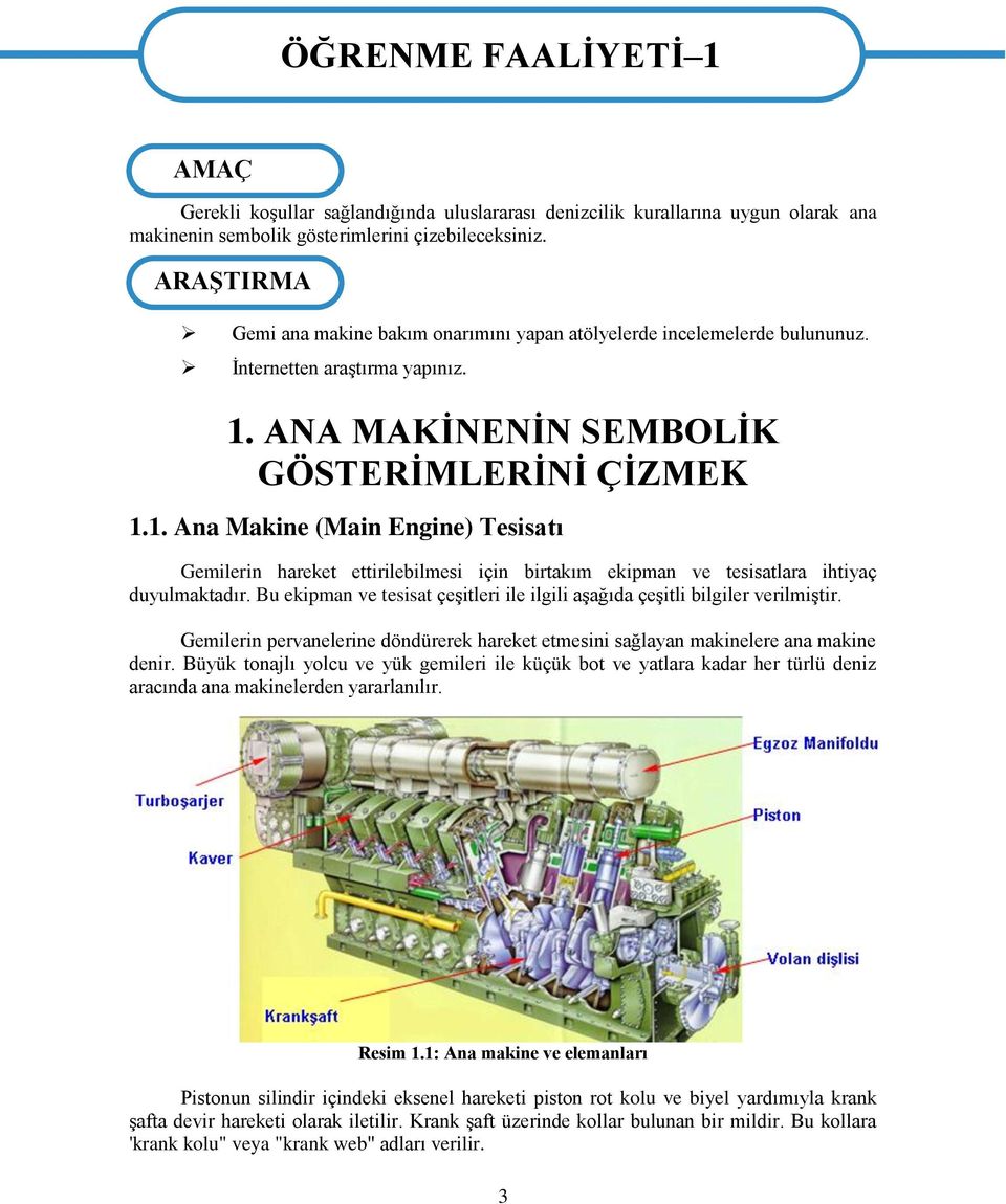 ANA MAKİNENİN SEMBOLİK GÖSTERİMLERİNİ ÇİZMEK 1.1. Ana Makine (Main Engine) Tesisatı Gemilerin hareket ettirilebilmesi için birtakım ekipman ve tesisatlara ihtiyaç duyulmaktadır.