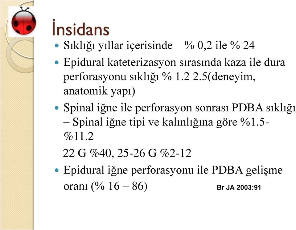 5(deneyim, anatomik yapı) Spinal iğne ile perforasyon sonrası PDBA sıklığı Spinal iğne